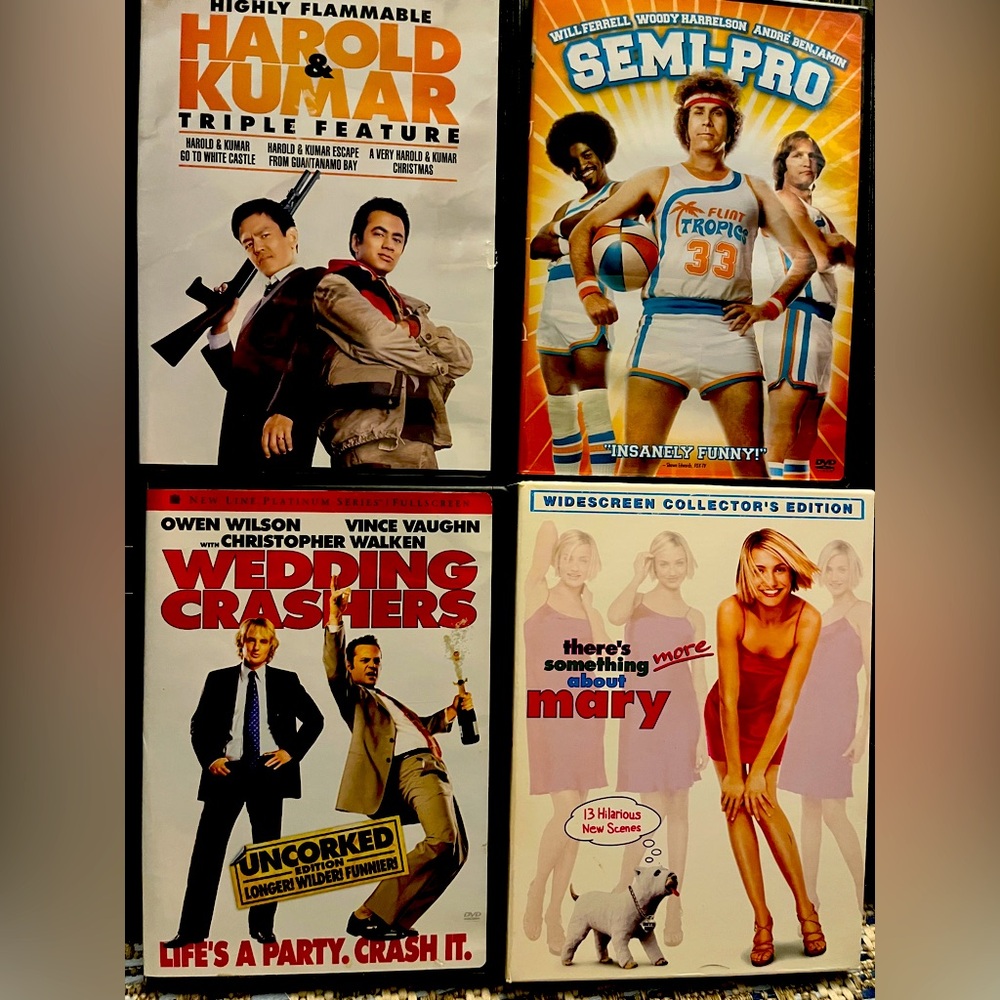 4 DVDs Harold & Kumar, Semi-Pro, Wedding Crashers, There’s Something About Mary